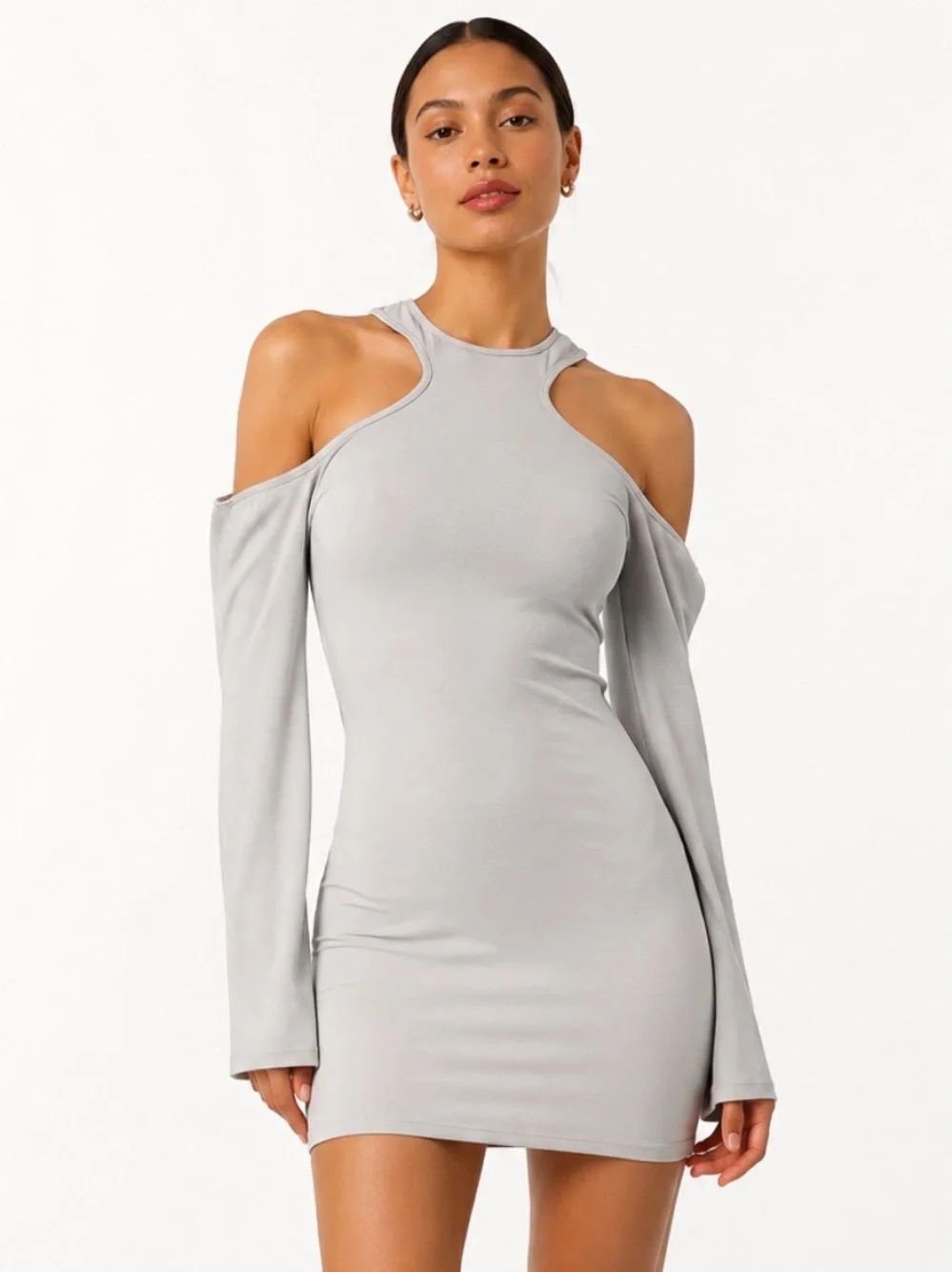 H:OURSโCold-Shoulder Bodycon Dress in Beige